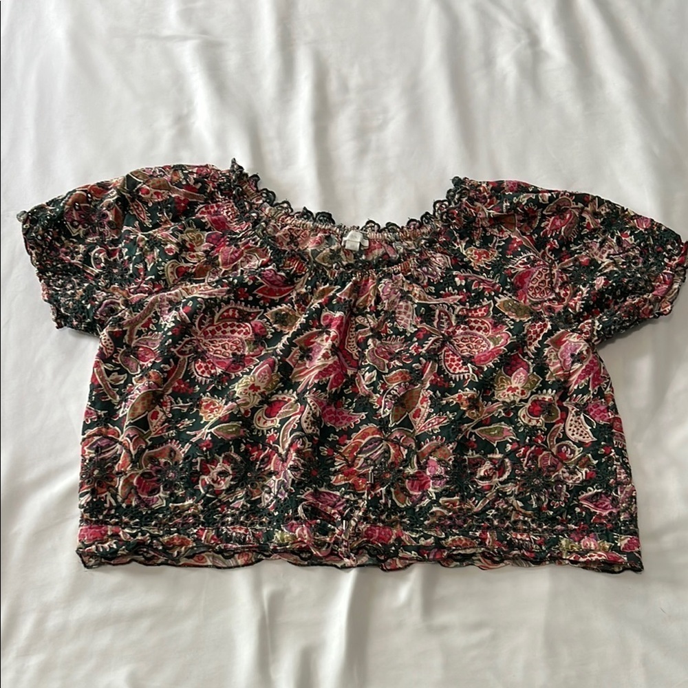 Jennifer & Grace Floral Print Cropped Peasant Eyelet Blouse